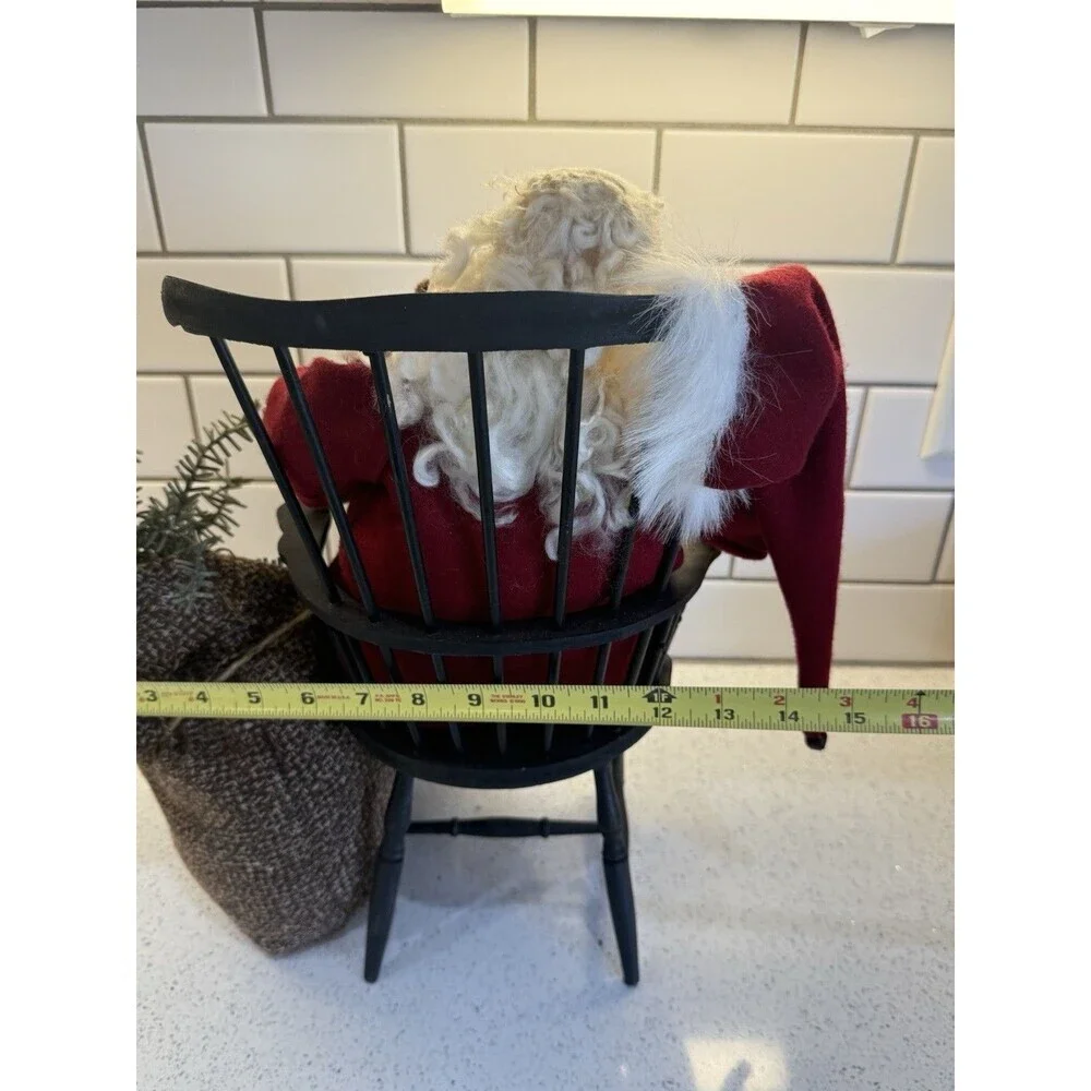 Santa Sitting In Wooden Chair Teddy Bear And Bag Decor Figurine 15